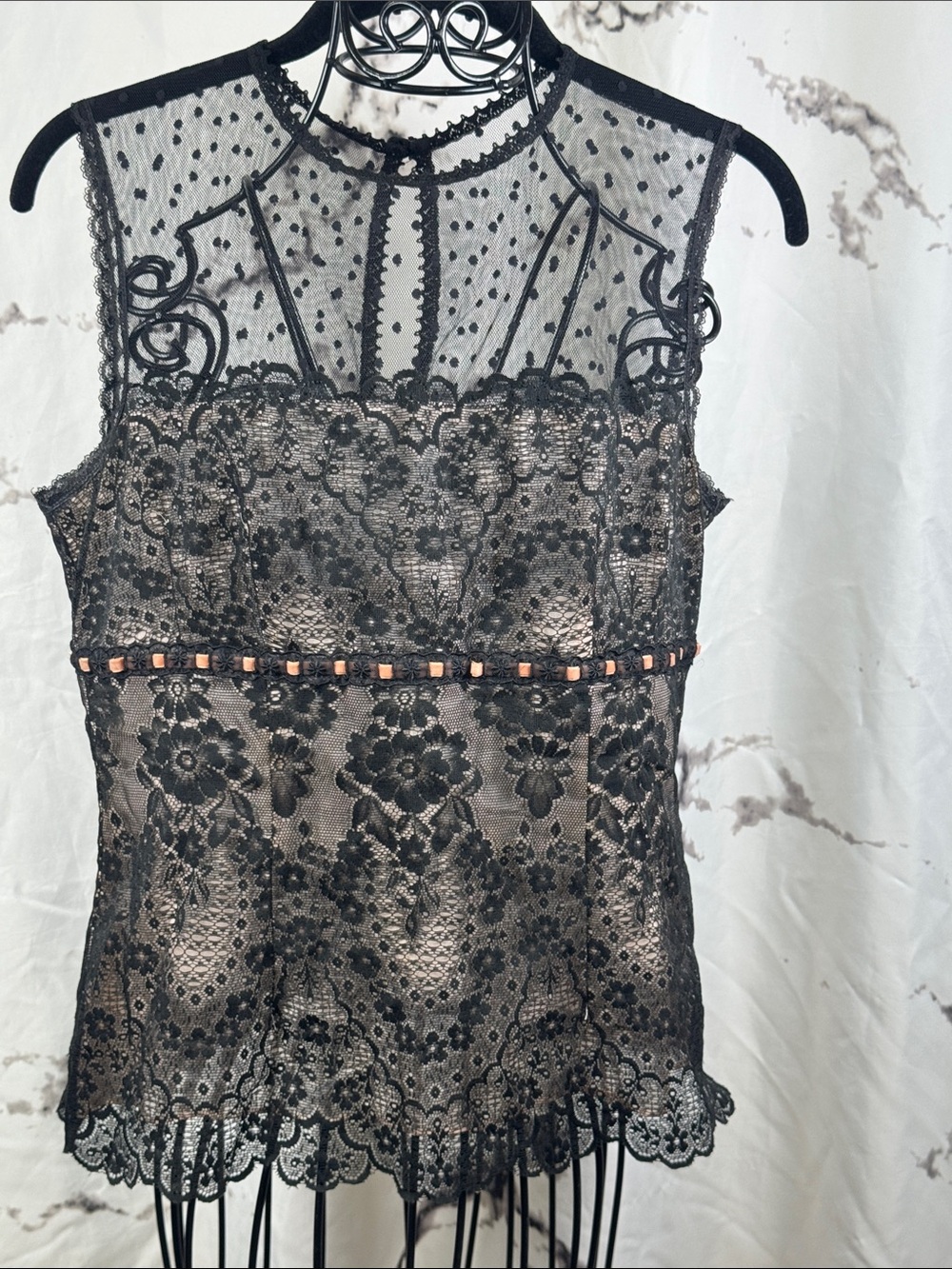 Nanette Lepore Lace Sleeveless Top Black Over Cream Lining Ribbon Detail Sheer